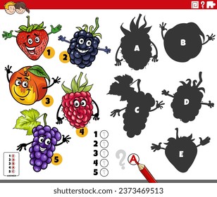 Cartoon illustration of finding the right shadows to the pictures educational game with comic fruit characters