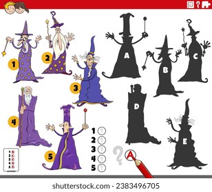 Cartoon illustration of finding the right shadows to the pictures educational game with wizards fantasy characters