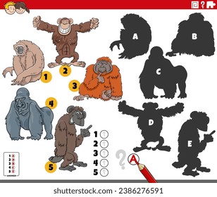 Cartoon illustration of finding the right shadows to the pictures educational game with apes animal characters