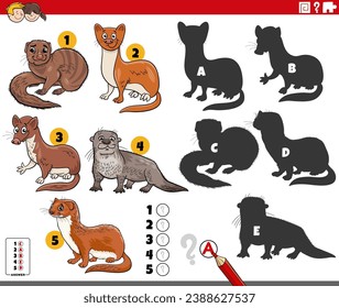 Cartoon Illustration der Suche nach den richtigen Schatten für das Bildungs-Spiel mit Tierfiguren