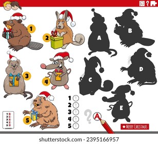 Cartoon illustration of finding the right shadows to the pictures educational game with comic animal characters on Christmas time