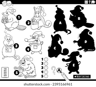 Cartoon illustration of finding the right shadows to the pictures educational game with comic animal characters on Christmas time coloring page