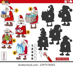 Cartoon illustration of finding the right shadows to the pictures educational game with Santa Claus characters on Christmas time