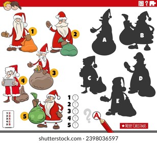 Cartoon illustration of finding the right shadows to the pictures educational game with comic Santa Claus characters on Christmas time