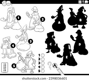 Cartoon illustration of finding the right shadows to the pictures educational game with comic Santa Claus characters on Christmas time coloring page