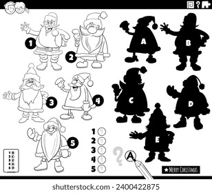 Cartoon illustration of finding the right shadows to the pictures educational activity with comic Santa Claus characters on Christmas time coloring page