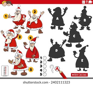 Cartoon illustration of finding the right shadows to the pictures educational activity with comic Santa Claus characters on Christmas time