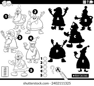 Cartoon illustration of finding the right shadows to the pictures educational activity with comic Santa Claus characters on Christmas time coloring page