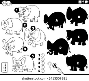 cartoon illustration of finding the right shadows to the pictures educational game with elephants animal characters coloring page