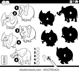 cartoon illustration of finding the right shadows to the pictures educational game with elephants animal characters coloring page