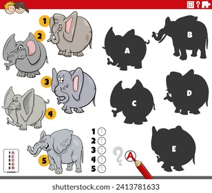 Ilustración de caricatura de encontrar las sombras correctas en las imágenes juego educativo con elefantes personajes animales