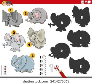 Cartoon illustration of finding the right shadows to the pictures educational activity with elephants animal characters