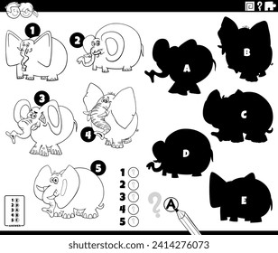 cartoon illustration of finding the right shadows to the pictures educational activity with elephants animal characters coloring page