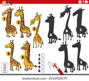 Ilustración de caricatura de encontrar las sombras correctas a las imágenes actividad educativa con girafas personajes animales