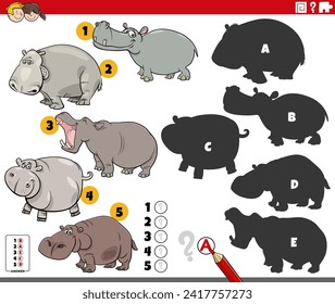 Cartoon illustration of finding the right shadows to the pictures educational activity with hippos animal characters