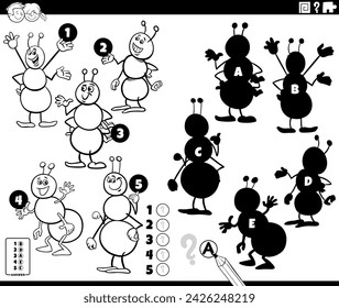 ilustración de dibujos animados de encontrar las sombras adecuadas a las imágenes actividad educativa con hormigas insectos animales personajes para colorear página