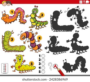 Cartoon illustration of finding the right shadows to the pictures educational activity with caterpillars insect animal characters