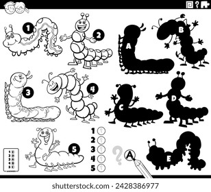 Cartoon illustration of finding the right shadows to the pictures educational activity with caterpillars insect animal characters coloring page