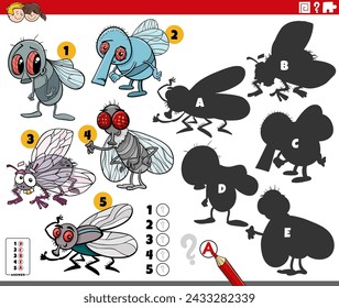 Cartoon illustration of finding the right shadows to the pictures educational activity with flies insect animal characters