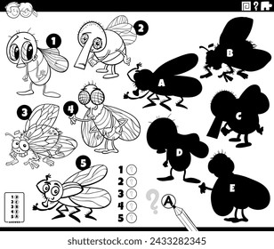 Cartoon illustration of finding the right shadows to the pictures educational activity with flies insect animal characters coloring page