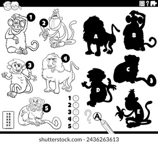 Cartoon illustration of finding the right shadows to the pictures educational activity with monkeys animal characters coloring page