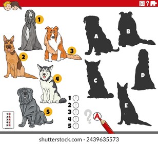 Cartoon illustration of finding the right shadows to the pictures educational activity with purebred dogs animal characters