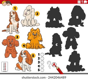 Cartoon illustration of finding the right shadows to the pictures educational game with purebred dogs animal characters