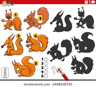 Cartoon illustration of finding the right shadows to the pictures educational game with squirrels animal characters
