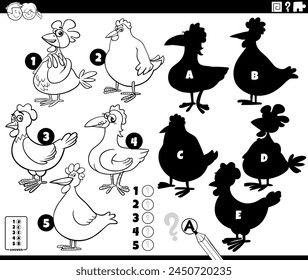 Cartoon illustration of finding the right shadows to the pictures educational game with hens or chickens animal characters coloring page