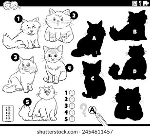 Ilustración de dibujos animados de encontrar las sombras correctas para el juego educativo de imágenes con gatos animales personajes para colorear página