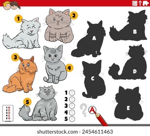 Cartoon illustration of finding the right shadows to the pictures educational game with cats animal characters