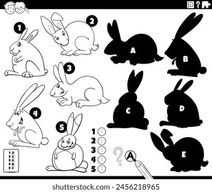 Cartoon illustration of finding the right shadows to the pictures educational game with cats animal characters coloring page