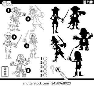Cartoon illustration of finding the right shadows to the pictures educational activity with pirates characters coloring page