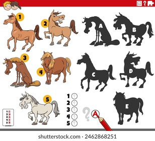 Ilustración de dibujos animados de encontrar las sombras adecuadas a las imágenes actividad educativa con caballos animales de granja personajes