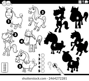 Ilustración de dibujos animados de encontrar las sombras adecuadas a las imágenes actividad educativa con caballos granja animales personajes para colorear página