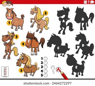 Ilustración de dibujos animados de encontrar las sombras adecuadas a las imágenes actividad educativa con caballos animales de granja