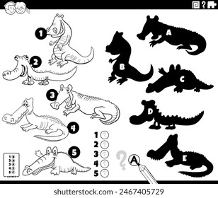Cartoon illustration of finding the right shadows to the pictures educational activity with crocodiles animal characters coloring page