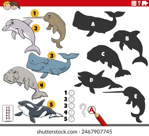 Cartoon illustration of finding the right shadows to the pictures educational activity with marine mammals animal characters