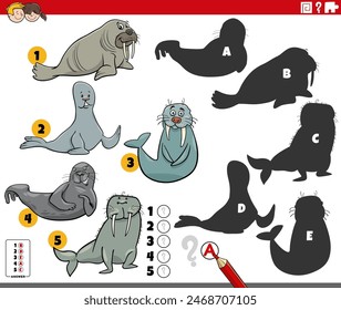 Cartoon illustration of finding the right shadows to the pictures educational activity with seals and walruses animal characters