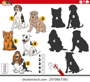 Cartoon illustration of finding the right shadows to the pictures educational activity with purebred dogs animal characters