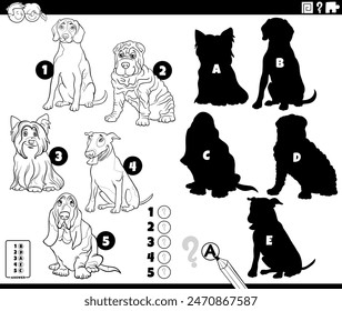Cartoon illustration of finding the right shadows to the pictures educational activity with purebred dogs animal characters coloring page