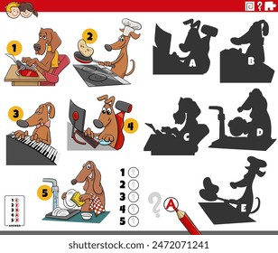 Cartoon illustration of finding the right shadows to the pictures educational activity with comic dogs animal characters