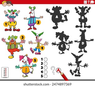 Cartoon illustration of finding the right shadows to the pictures educational activity with clowns characters