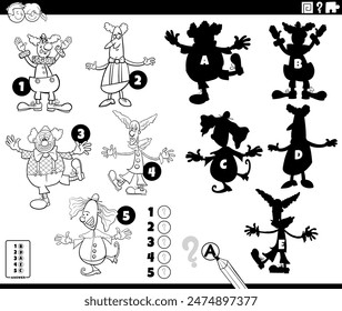 Cartoon illustration of finding the right shadows to the pictures educational activity with clowns characters coloring page