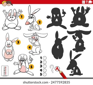 Cartoon illustration of finding the right shadows to the pictures educational activity with rabbits animal characters