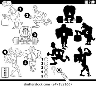 Cartoon illustration of finding the right shadows to the pictures educational activity with athletes animal characters coloring page
