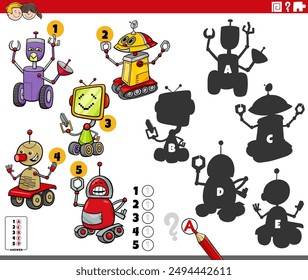 Cartoon illustration of finding the right shadows to the pictures educational activity with robots fantasy characters