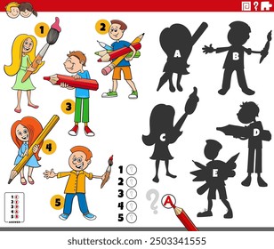 Cartoon illustration of finding the right shadows to the pictures educational activity with school children