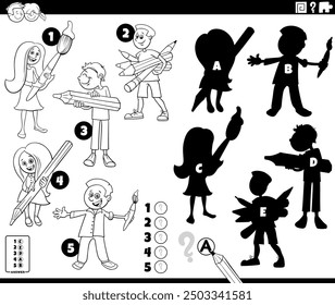 Cartoon illustration of finding the right shadows to the pictures educational activity with school children coloring page