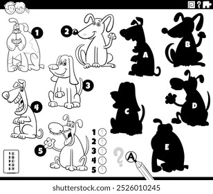 Ilustración de dibujos animados de encontrar las sombras adecuadas para las imágenes actividad educativa con perros personajes de animales para colorear página